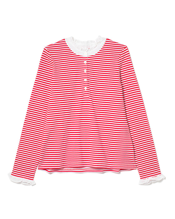 Button Front Frill Top in Red Stripe Organic Cotton