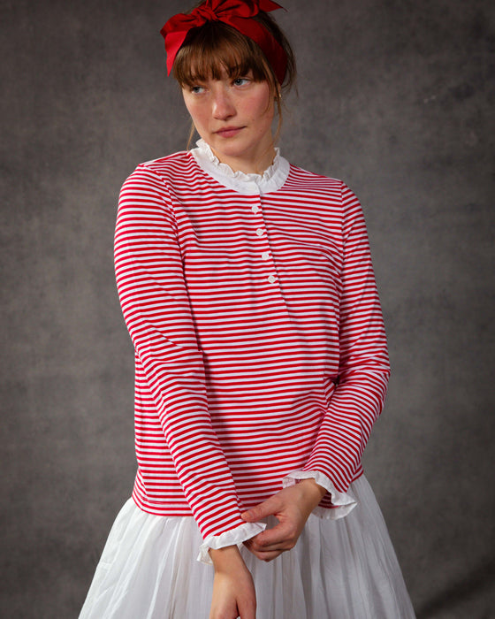 Button Front Frill Top in Red Stripe Organic Cotton