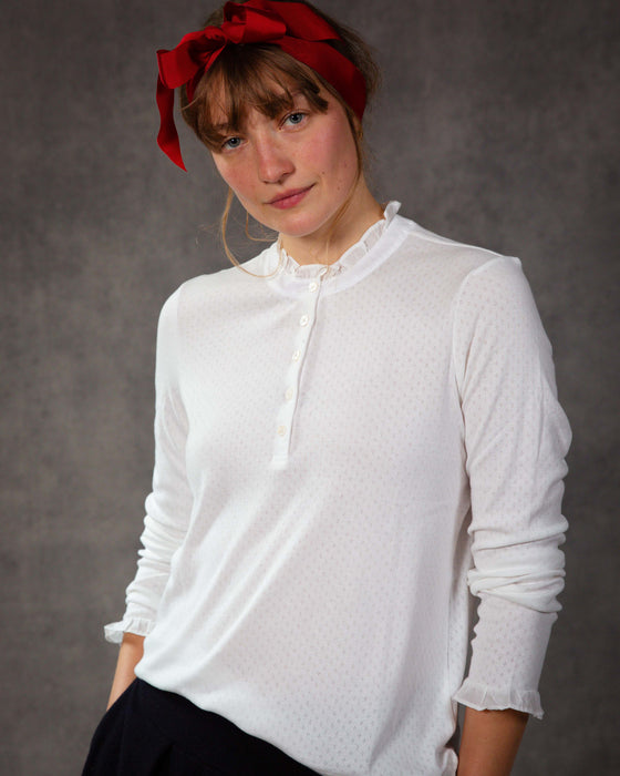 Button Front Frill Top in White Organic Pointelle Cotton