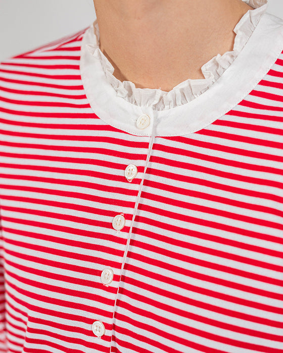 Button Front Frill Top in Red Stripe Organic Cotton