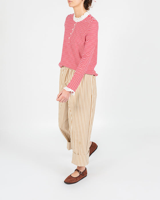 Button Front Frill Top in Red Stripe Organic Cotton