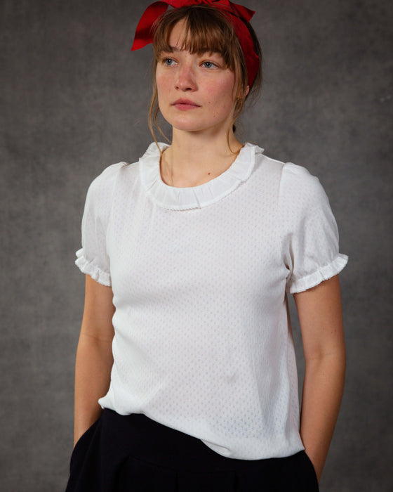 Paris Top in White Organic Cotton Pointelle