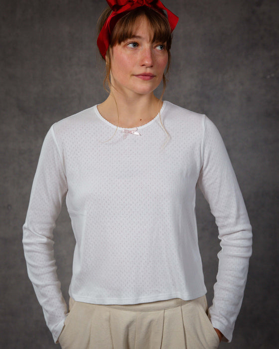 Rose Bud Top in White Organic Cotton Pointelle