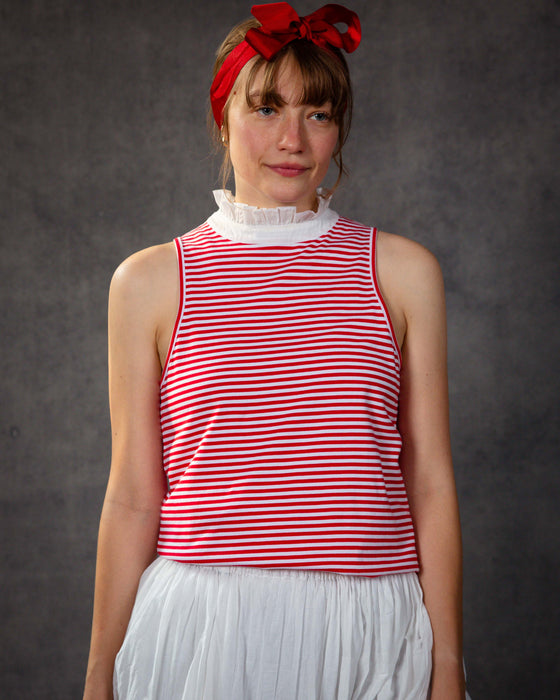 Sleeveless Frill Neck in Red Stripe Organic Cotton