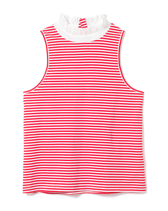 Sleeveless Frill Neck in Red Stripe Organic Cotton