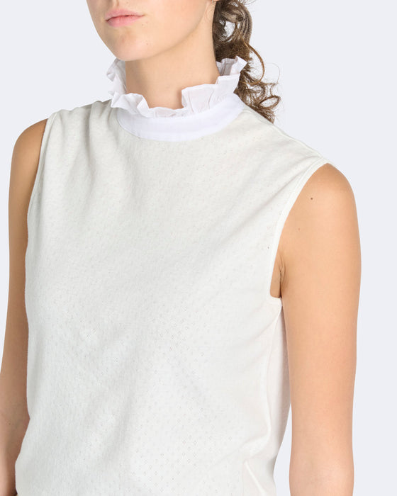 Sleeveless Frill Neck in White Organic Cotton Pointelle