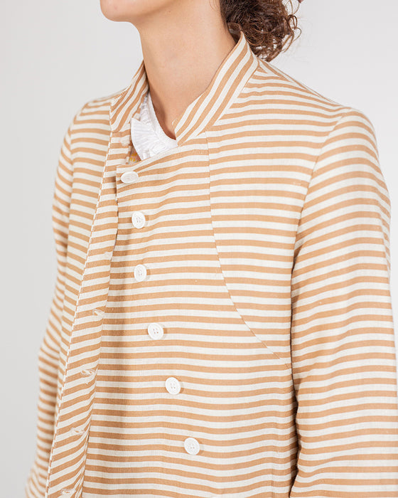 Swirly Panel Coat in Brown Stripe Linen