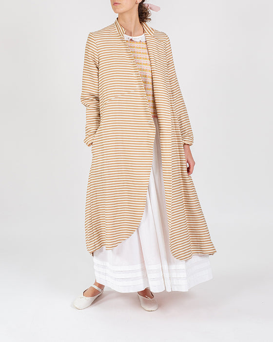 Swirly Panel Coat in Brown Stripe Linen