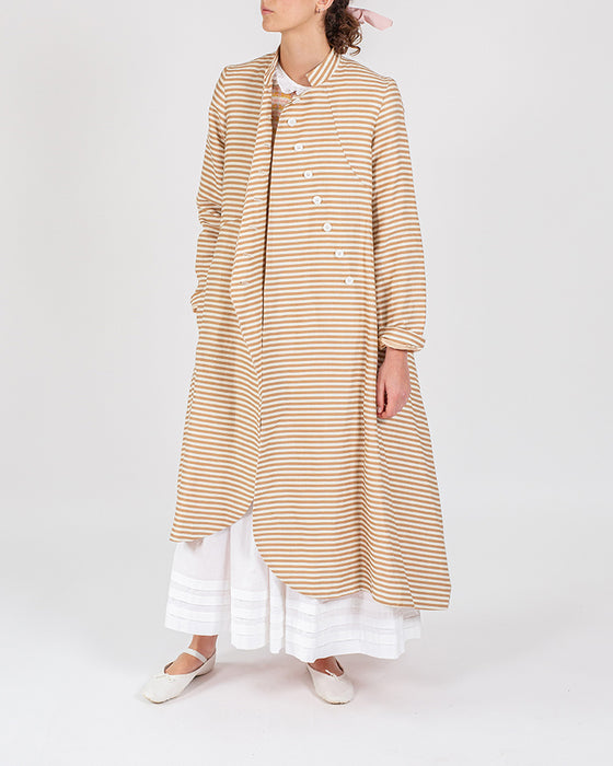 Swirly Panel Coat in Brown Stripe Linen