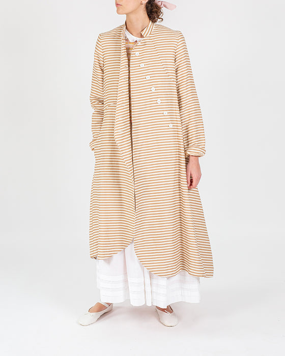 Swirly Panel Coat in Brown Stripe Linen