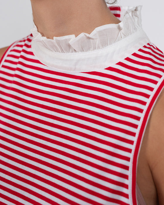 Sleeveless Frill Neck in Red Stripe Organic Cotton