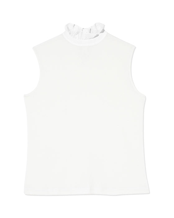 Sleeveless Frill Neck in White Organic Cotton Pointelle